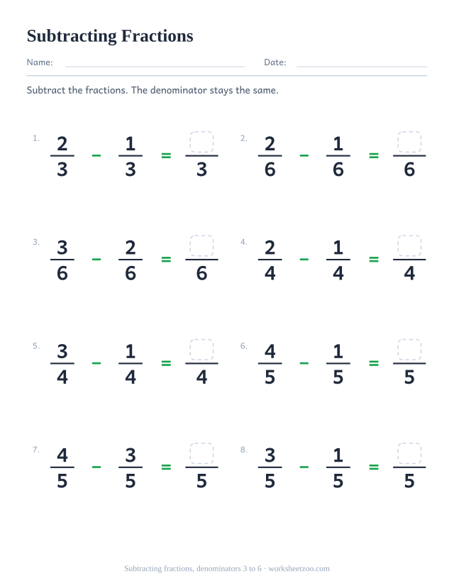 Subtracting fractions worksheet, 8 subtractions with like denominators 3 to 6 that stay proper