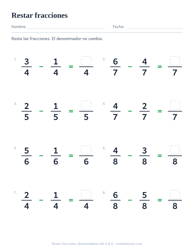 Ficha de restas de fracciones, 8 restas con el mismo denominador del 4 al 8 con resultado propio