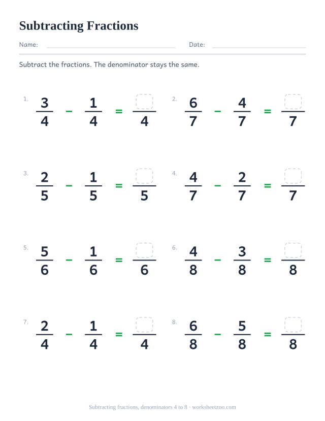 Subtracting fractions worksheet, 8 subtractions with like denominators 4 to 8 that stay proper