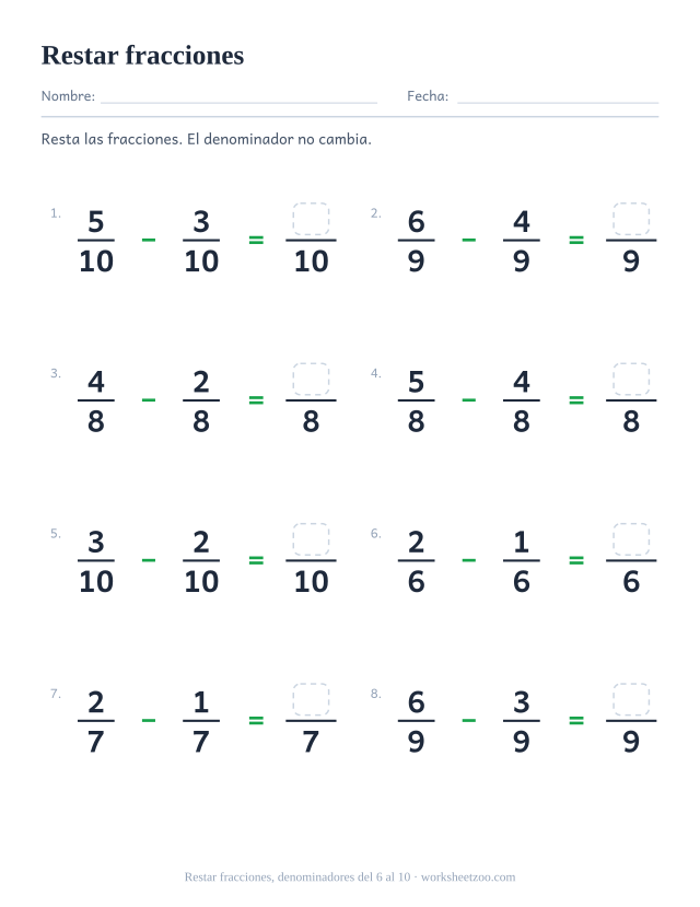 Ficha de restas de fracciones, 8 restas con el mismo denominador del 6 al 10 con resultado propio
