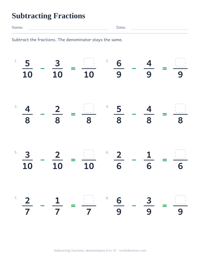 Subtracting fractions worksheet, 8 subtractions with like denominators 6 to 10 that stay proper