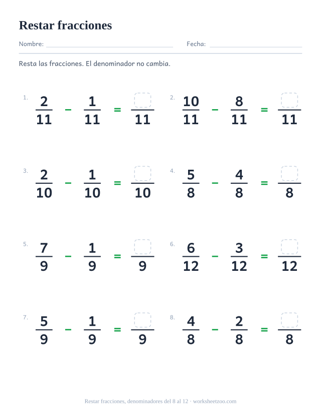 Ficha de restas de fracciones, 8 restas con el mismo denominador del 8 al 12 con resultado propio