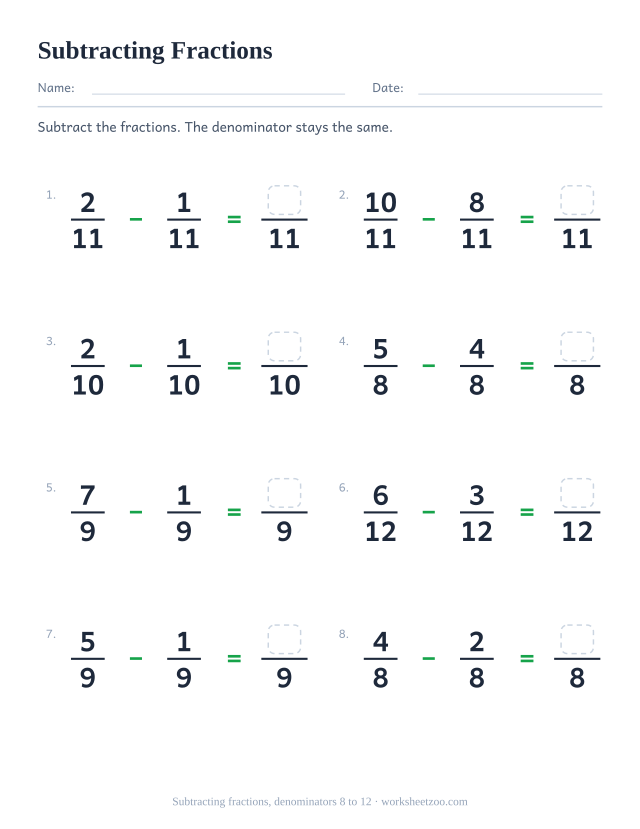 Subtracting fractions worksheet, 8 subtractions with like denominators 8 to 12 that stay proper