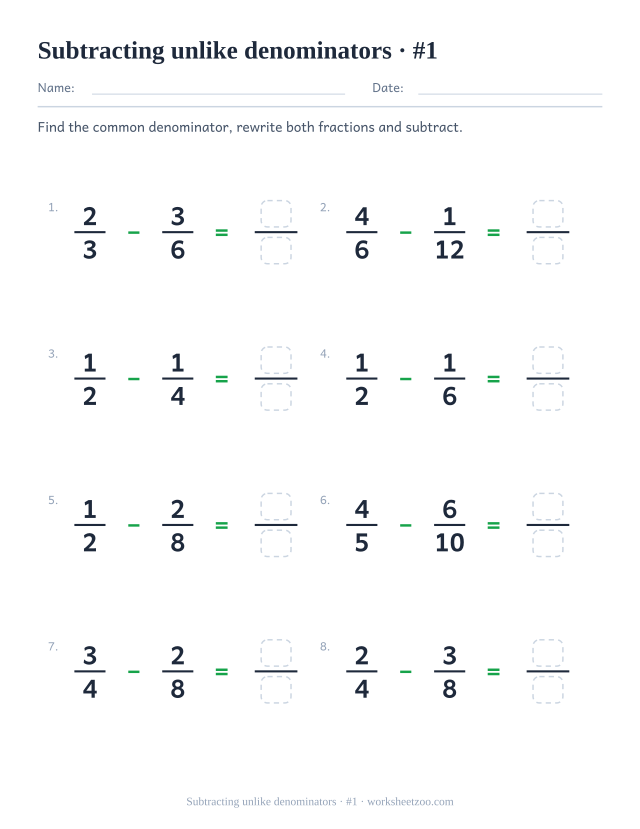 Subtracting fractions with unlike denominators worksheet with denominators up to eight
