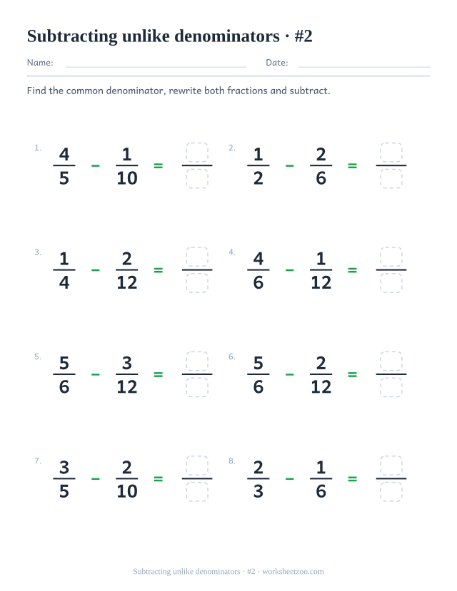 Subtracting fractions with unlike denominators worksheet reaching twelfths