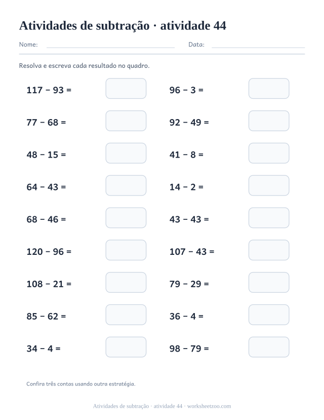 Prévia de Atividades de subtração, atividade 44 para imprimir