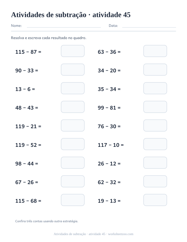 Prévia de Atividades de subtração, atividade 45 para imprimir