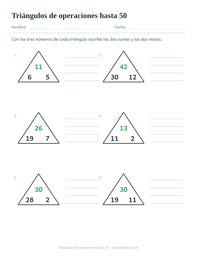 Ficha de restas en familia con triángulos numéricos de dos cifras hasta 50
