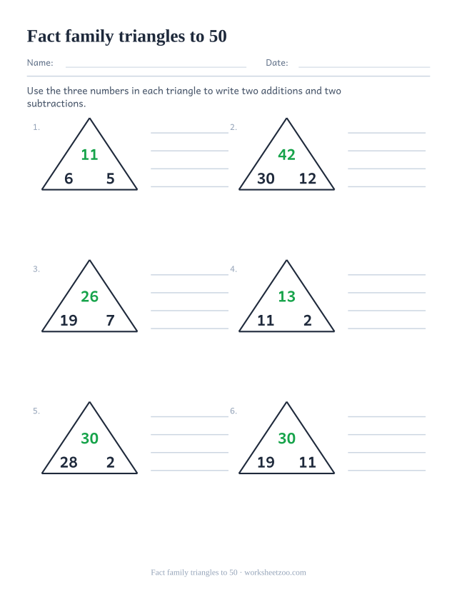 Subtraction fact family worksheet with two-digit triangles up to 50