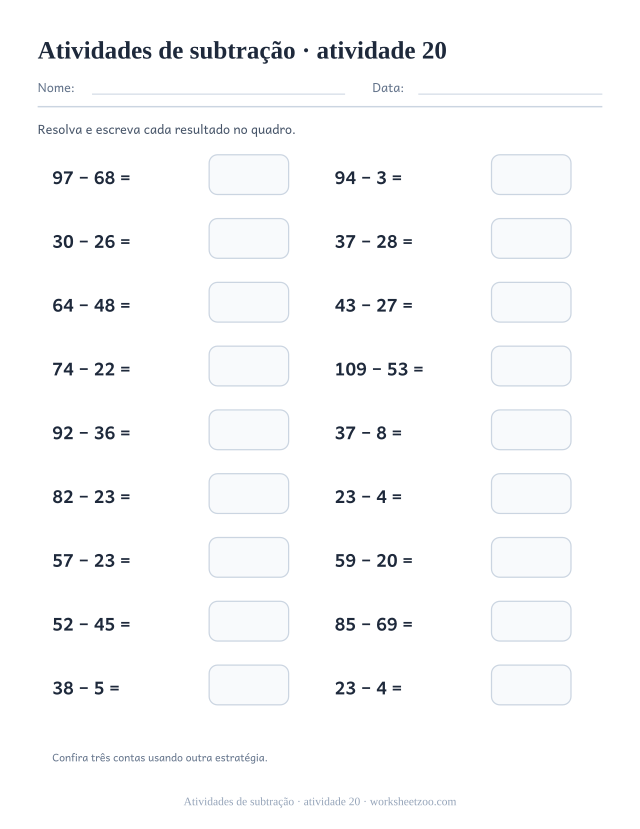 Prévia de Atividades de subtração, atividade 20 para imprimir