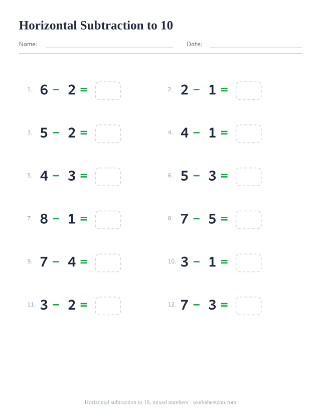 Horizontal subtraction worksheet, 12 problems within 10 with a mix of numbers written left to right