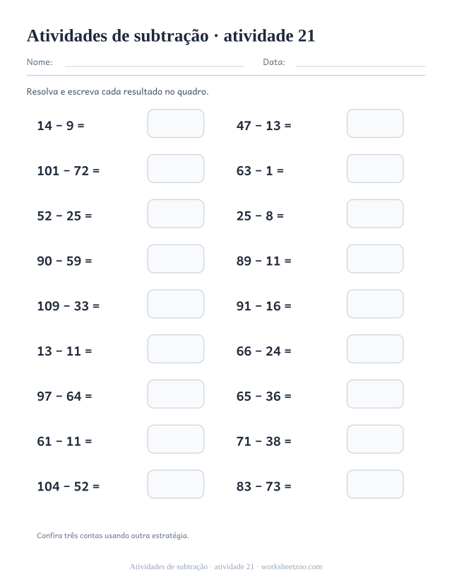 Prévia de Atividades de subtração, atividade 21 para imprimir