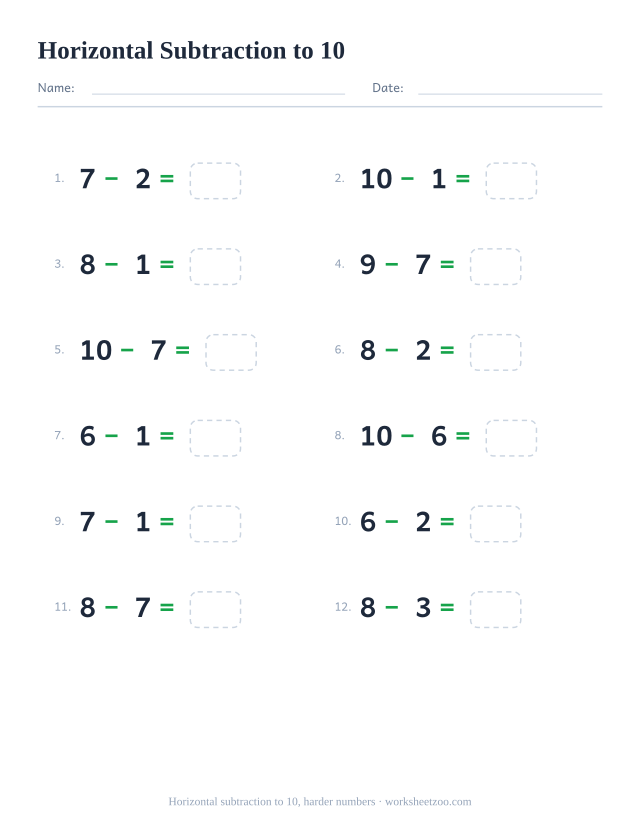 Horizontal subtraction worksheet, 12 problems within 10 starting from a larger number written left to right