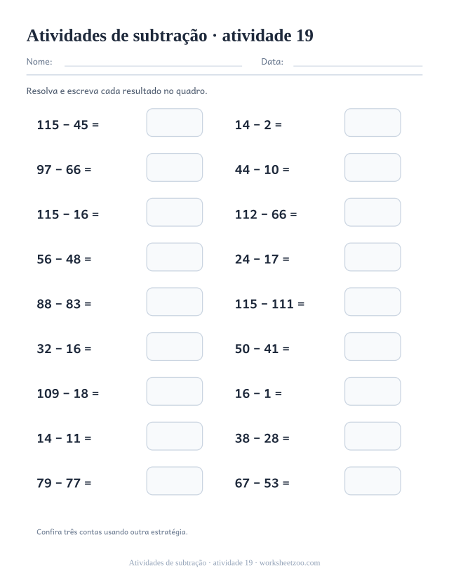 Prévia de Atividades de subtração, atividade 19 para imprimir