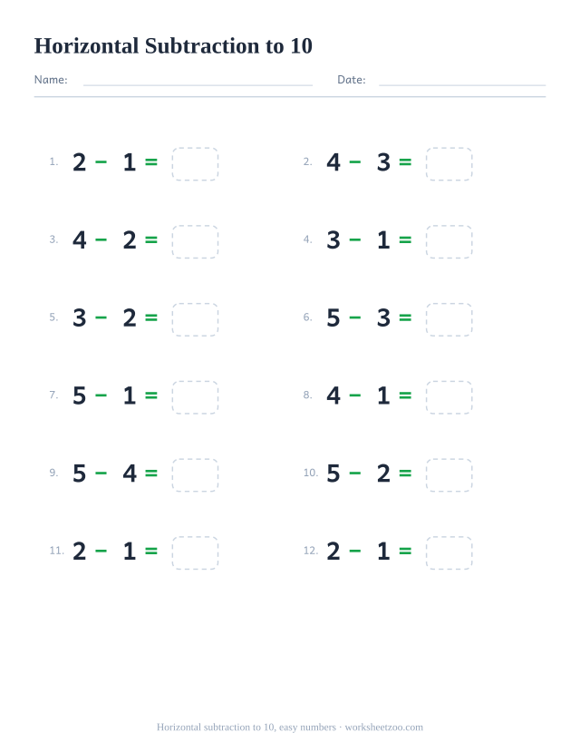 Horizontal subtraction worksheet, 12 problems within 10 starting from small numbers written left to right