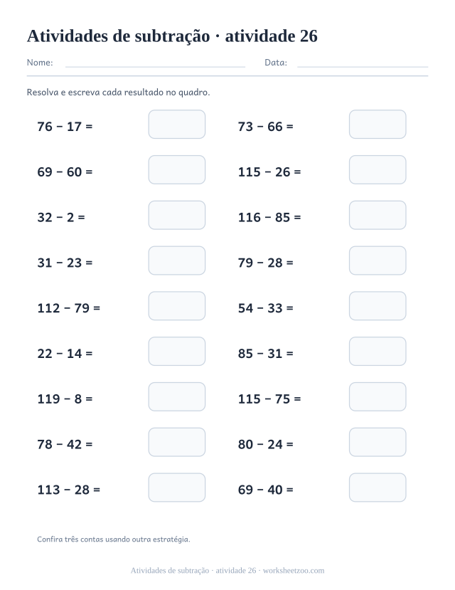 Prévia de Atividades de subtração, atividade 26 para imprimir