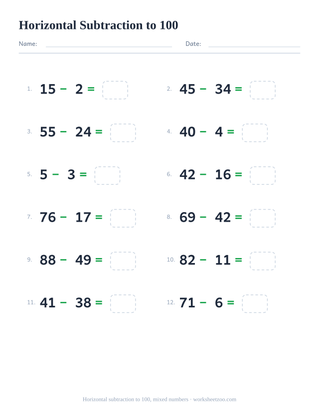 Horizontal subtraction worksheet, 12 problems within 100 with a mix of numbers written left to right