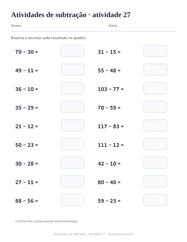 Prévia de Atividades de subtração, atividade 27 para imprimir