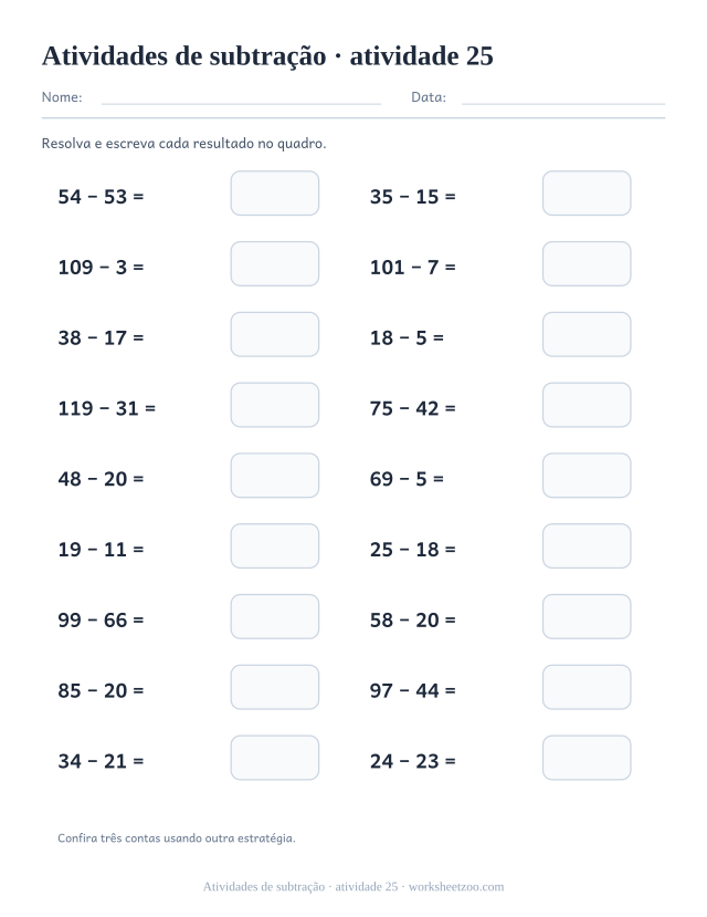 Prévia de Atividades de subtração, atividade 25 para imprimir