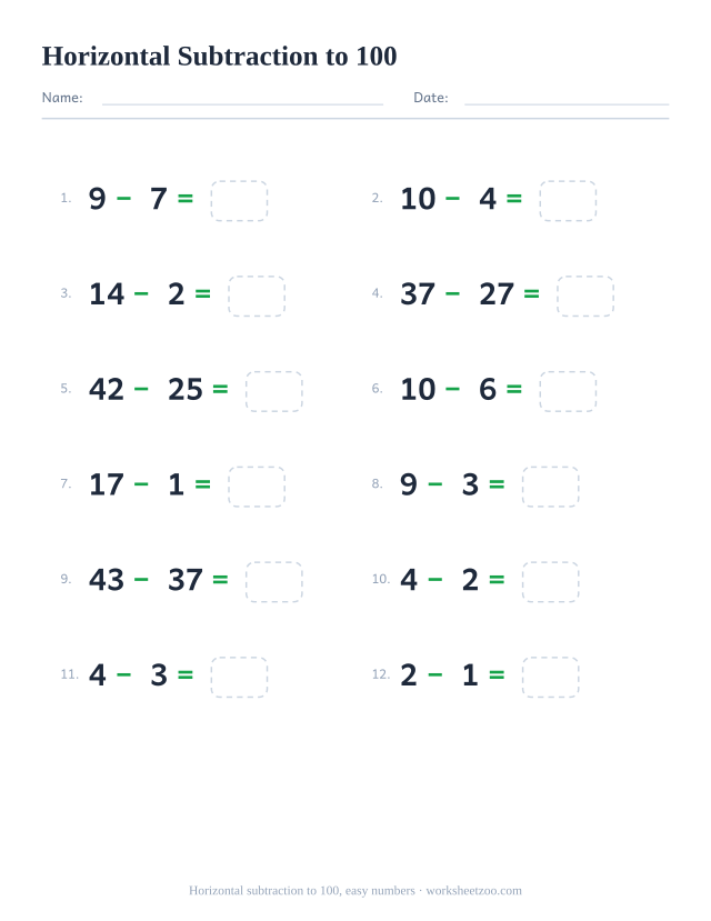 Horizontal subtraction worksheet, 12 problems within 100 starting from small numbers written left to right