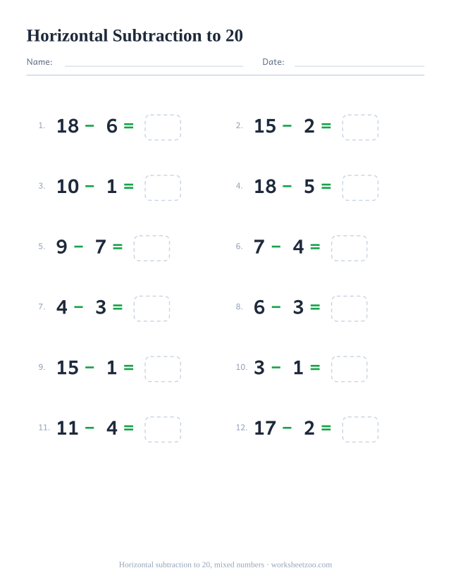 Horizontal subtraction worksheet, 12 problems within 20 with a mix of numbers written left to right