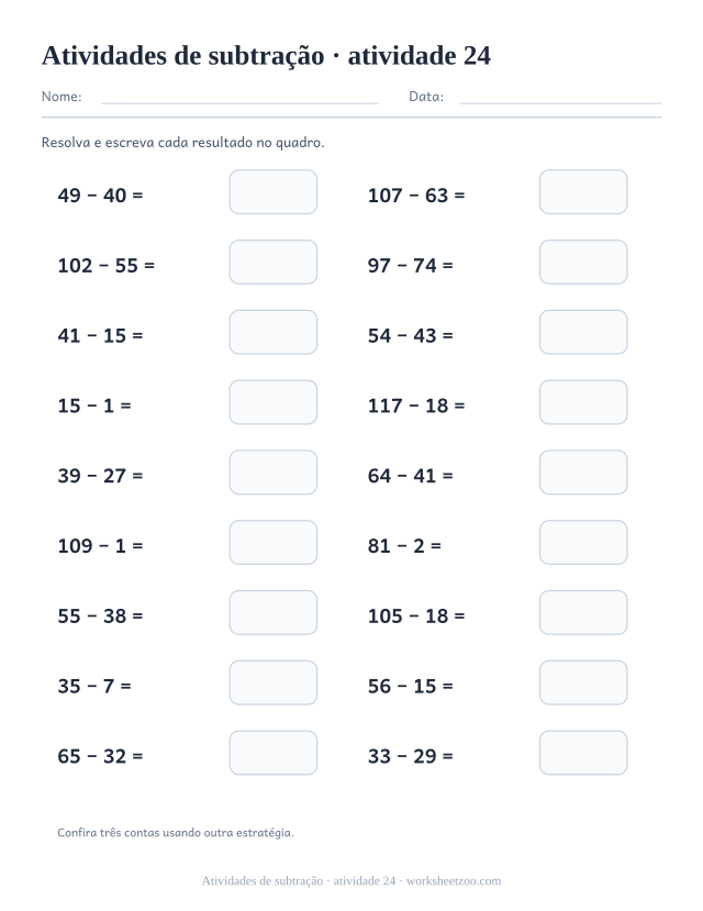 Prévia de Atividades de subtração, atividade 24 para imprimir