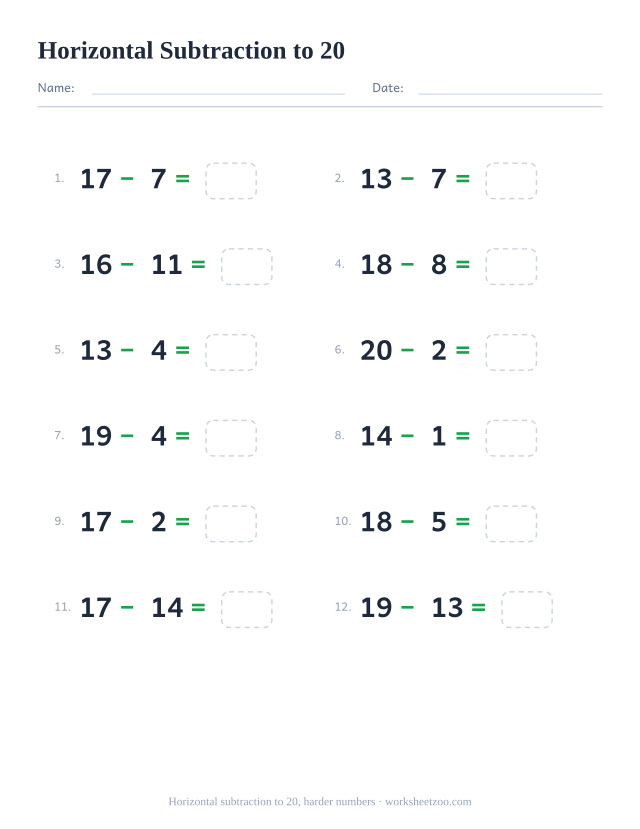 Horizontal subtraction worksheet, 12 problems within 20 starting from a larger number written left to right