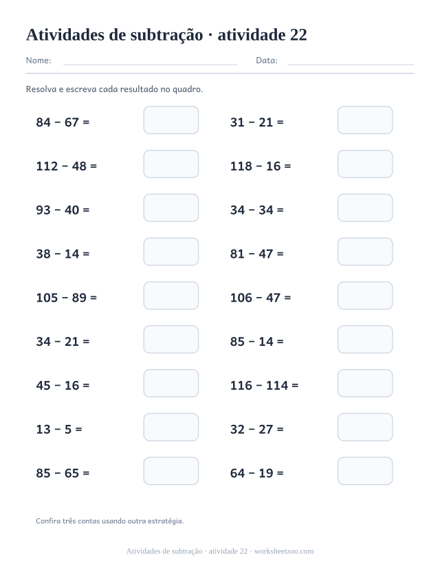Prévia de Atividades de subtração, atividade 22 para imprimir
