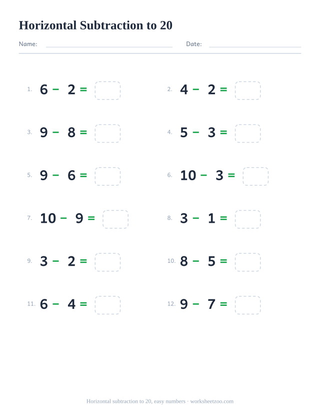 Horizontal subtraction worksheet, 12 problems within 20 starting from small numbers written left to right