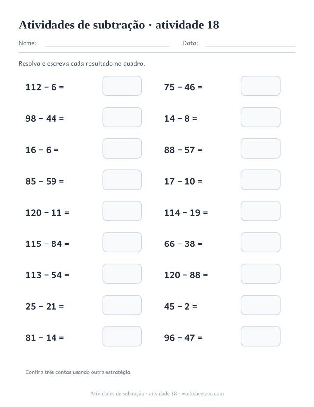 Prévia de Atividades de subtração, atividade 18 para imprimir