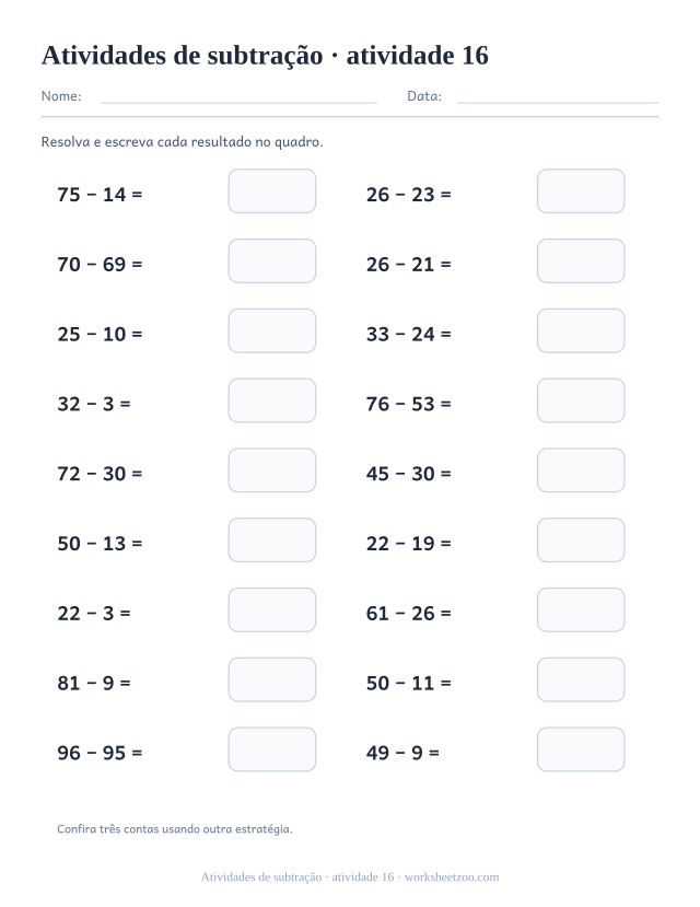 Prévia de Atividades de subtração, atividade 16 para imprimir