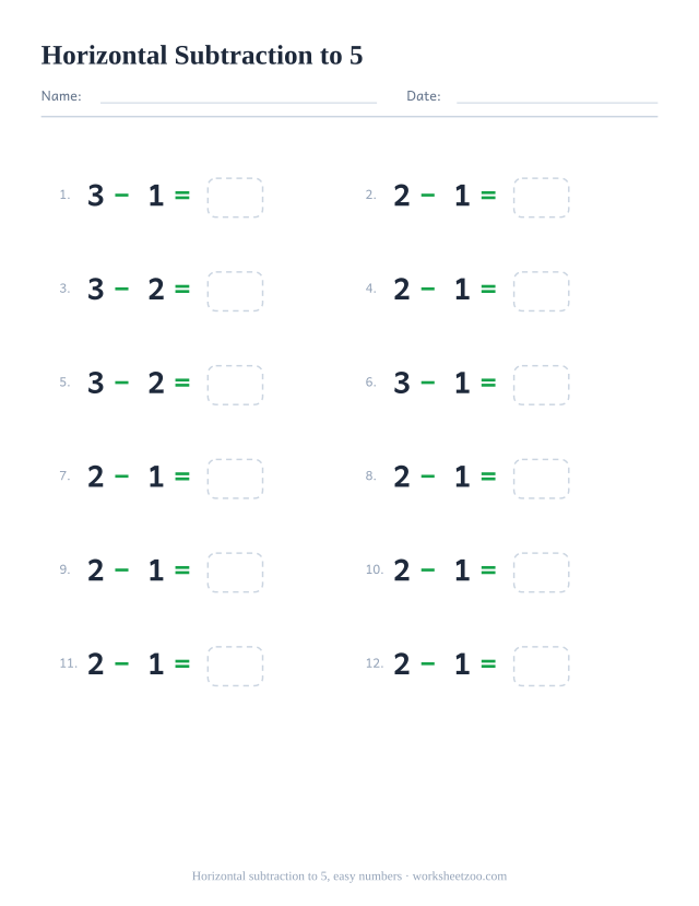 Horizontal subtraction worksheet, 12 problems within 5 starting from small numbers written left to right