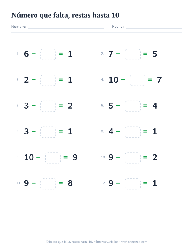 Ficha de restas con un número que falta, 12 operaciones hasta 10 con números variados con una casilla para completar