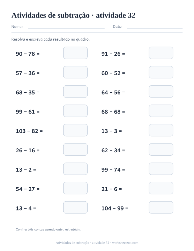 Prévia de Atividades de subtração, atividade 32 para imprimir