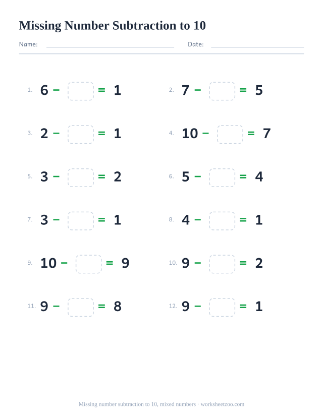 Missing number subtraction worksheet, 12 problems within 10 with a mix of numbers with a box to fill in