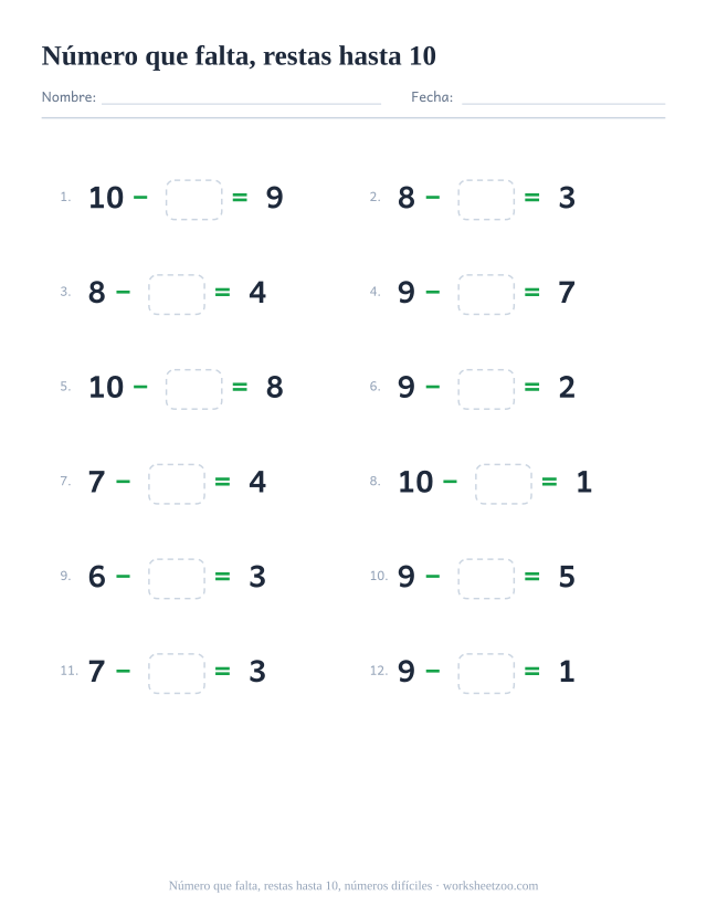 Ficha de restas con un número que falta, 12 operaciones hasta 10 que empiezan por un número más grande con una casilla para completar