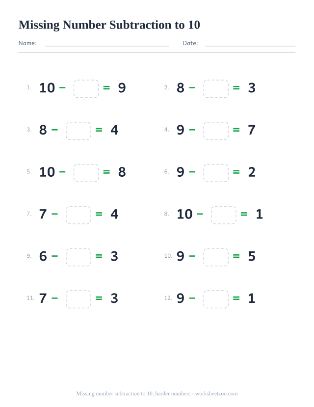 Missing number subtraction worksheet, 12 problems within 10 starting from a larger number with a box to fill in