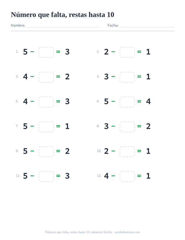 Ficha de restas con un número que falta, 12 operaciones hasta 10 que parten de números pequeños con una casilla para completar