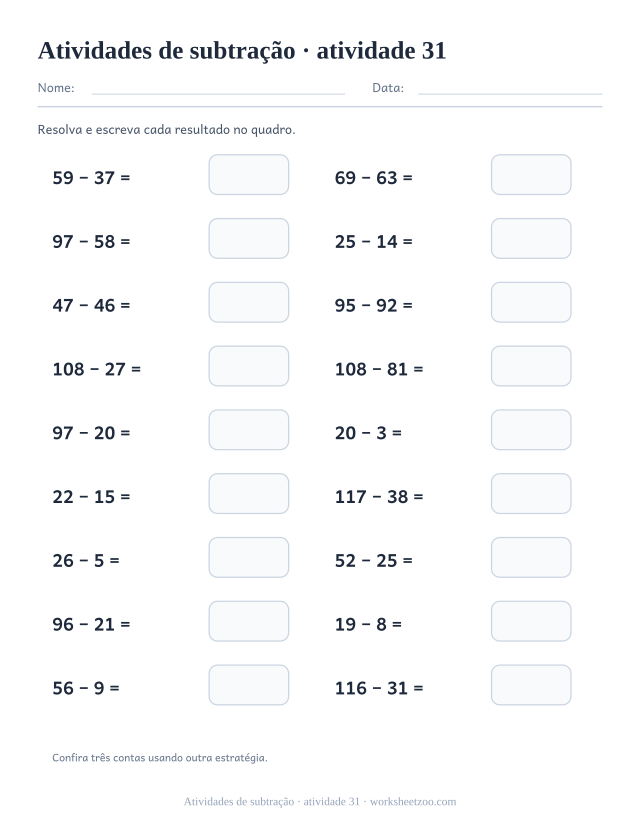 Prévia de Atividades de subtração, atividade 31 para imprimir
