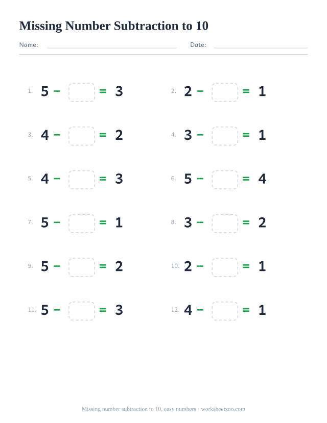 Missing number subtraction worksheet, 12 problems within 10 starting from small numbers with a box to fill in