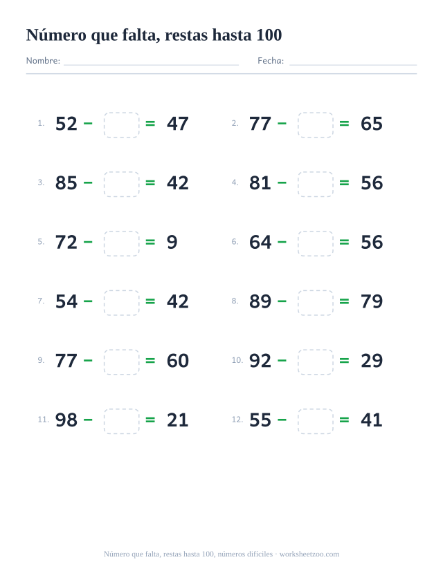 Ficha de restas con un número que falta, 12 operaciones hasta 100 que empiezan por un número más grande con una casilla para completar