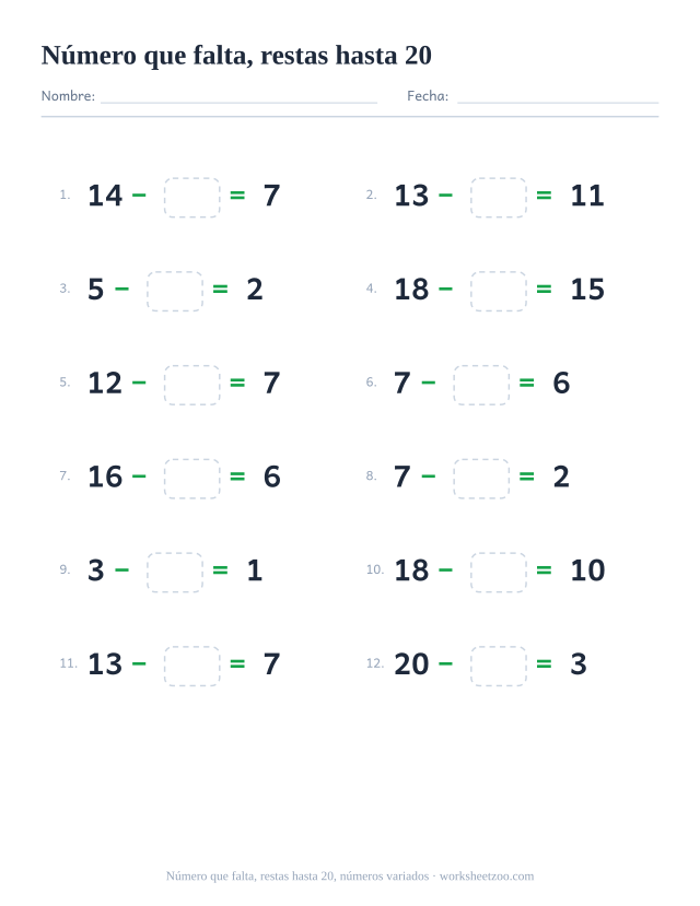 Ficha de restas con un número que falta, 12 operaciones hasta 20 con números variados con una casilla para completar