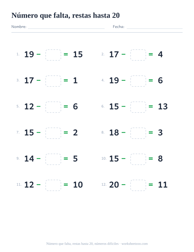 Ficha de restas con un número que falta, 12 operaciones hasta 20 que empiezan por un número más grande con una casilla para completar