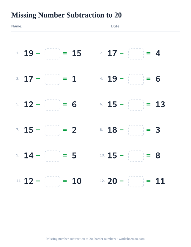 Missing number subtraction worksheet, 12 problems within 20 starting from a larger number with a box to fill in