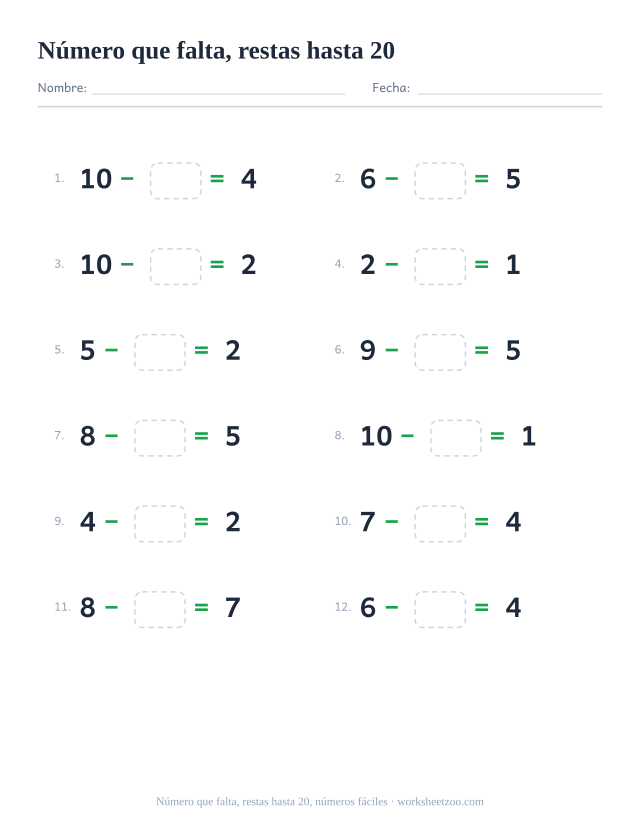 Ficha de restas con un número que falta, 12 operaciones hasta 20 que parten de números pequeños con una casilla para completar