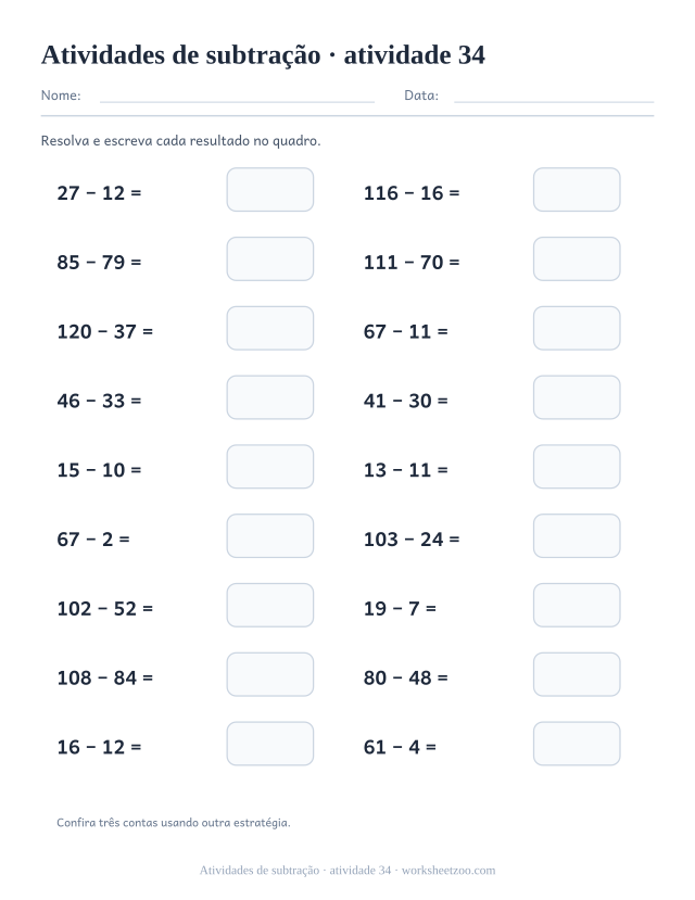 Prévia de Atividades de subtração, atividade 34 para imprimir