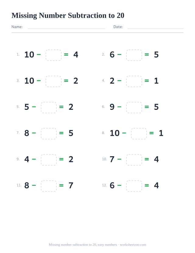 Missing number subtraction worksheet, 12 problems within 20 starting from small numbers with a box to fill in