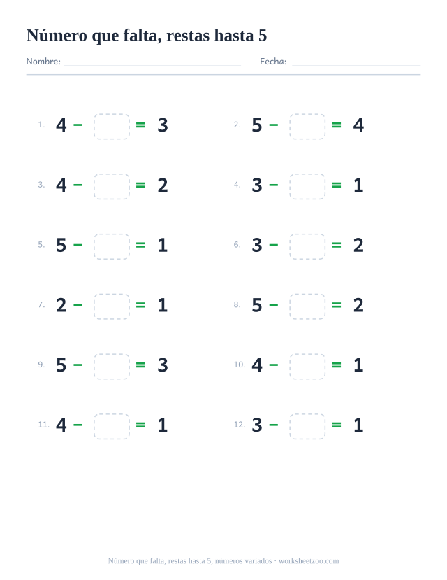 Ficha de restas con un número que falta, 12 operaciones hasta 5 con números variados con una casilla para completar