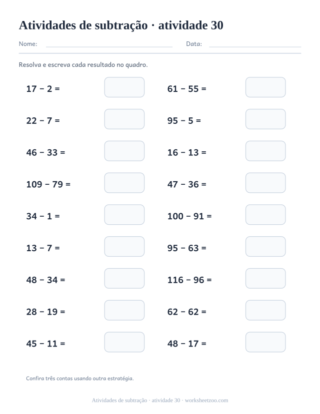 Prévia de Atividades de subtração, atividade 30 para imprimir