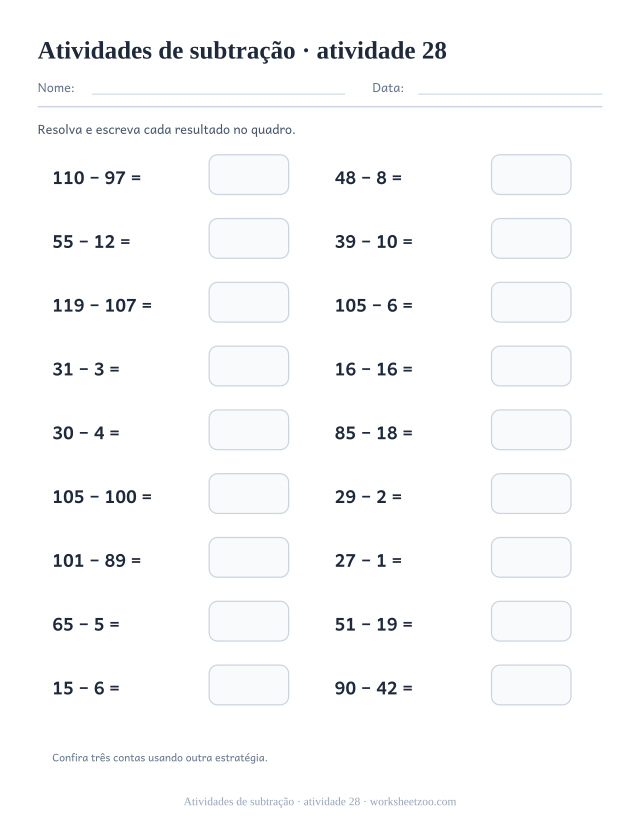 Prévia de Atividades de subtração, atividade 28 para imprimir